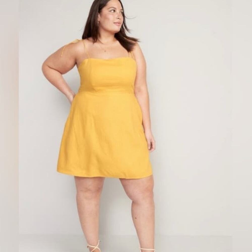 Old Navy Womens Fit & Flare Tie Strap Linen Blend Mini Dress XXL Yellow Pockets